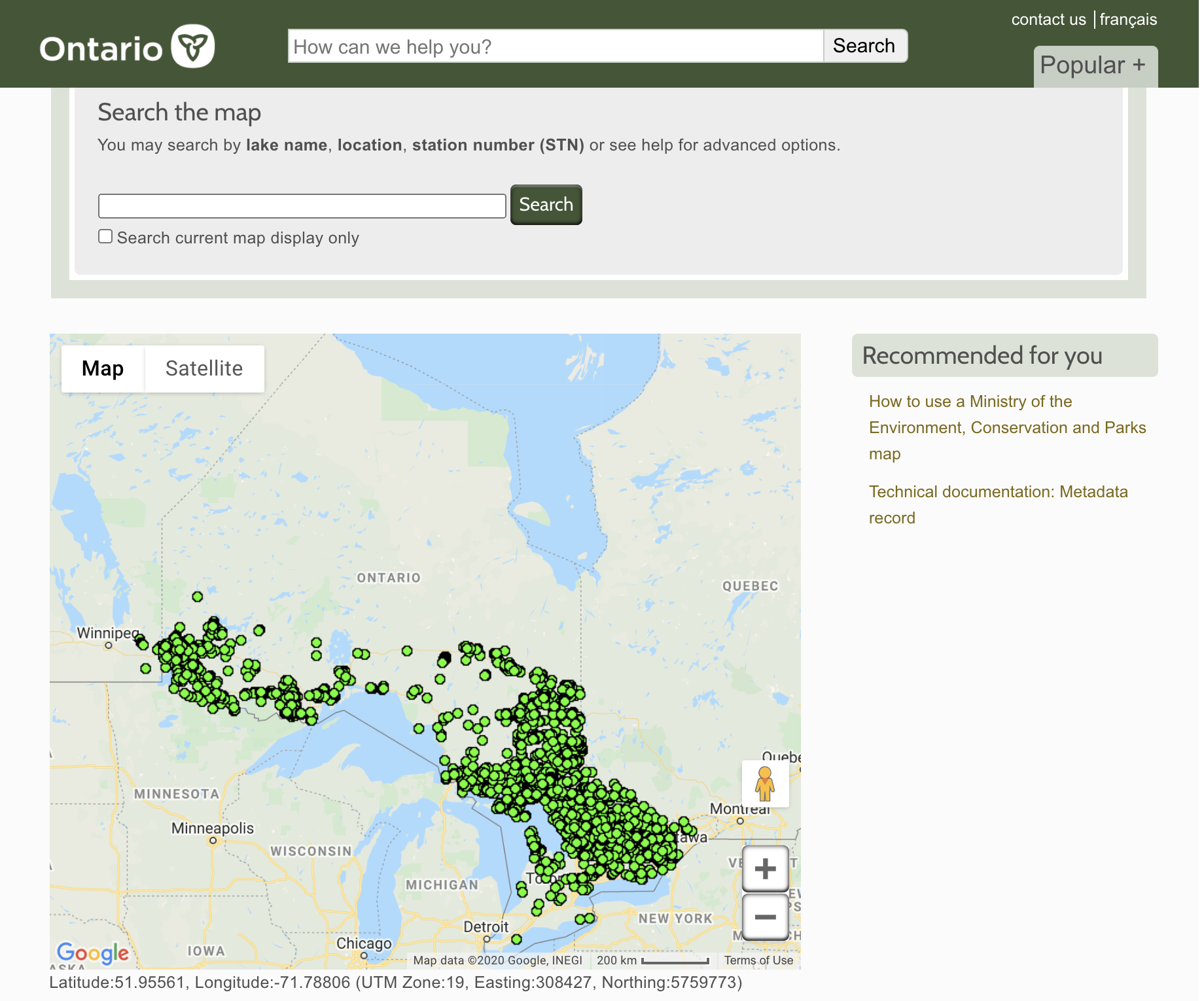 A map of Ontario's water quality monitoring stations on lakes (green dots).