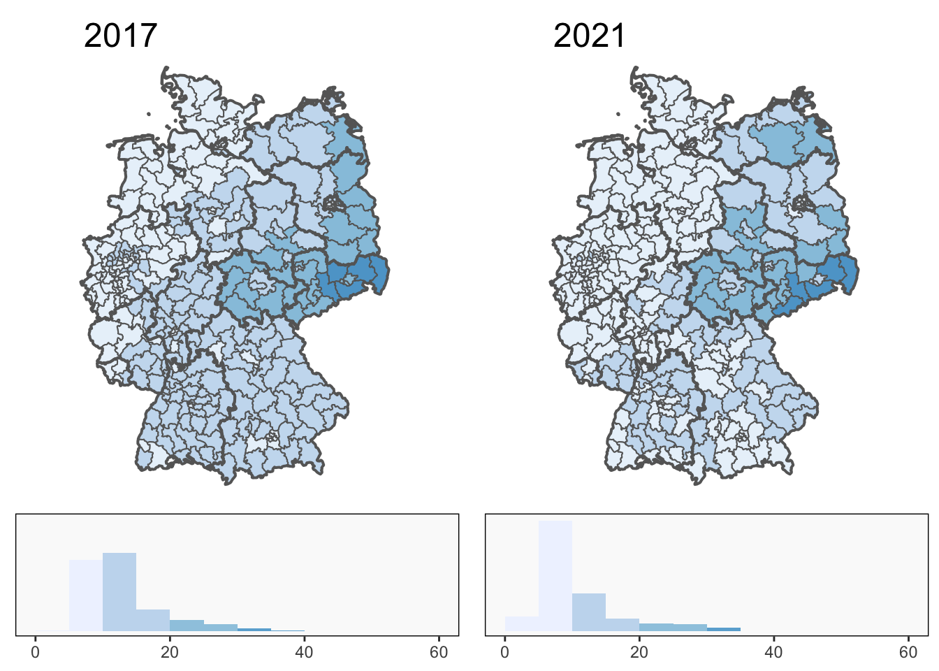 Percentage AfD support across the constituencies in 2017 (left) and 2021 (right). Bundesland borders are drawn in thick black. The colour scale goes from 0 to 60 in intervals of 10, as shown in the histograms below.