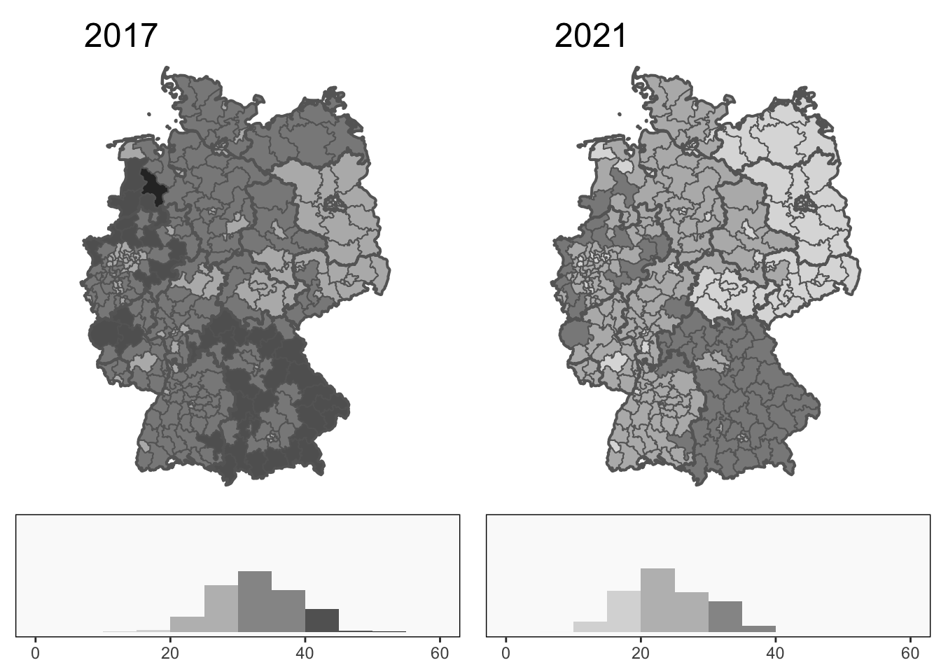 Percentage CDU and CSU support across the constituencies in 2017 (left) and 2021 (right). The colour scale goes from 0 to 60 in intervals of 10. Bundesland borders are drawn in thick black.