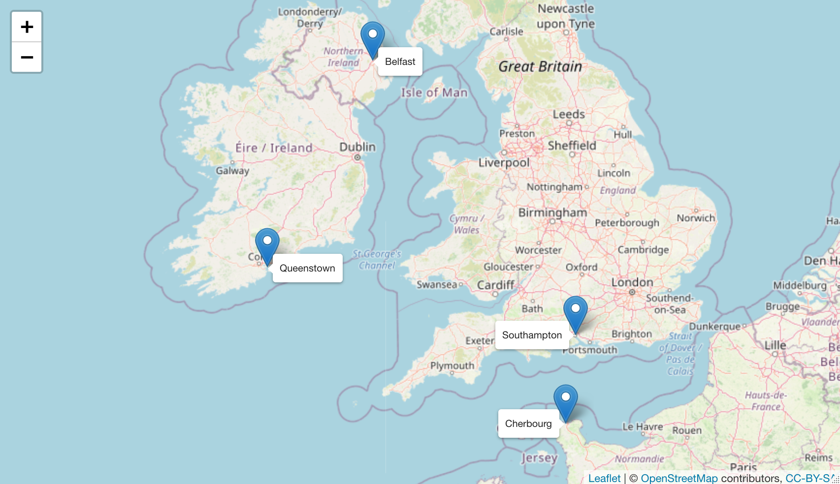 Belfast to Southampton to Cherbourg to Queenstown Map:© OpenStreetMap contributors