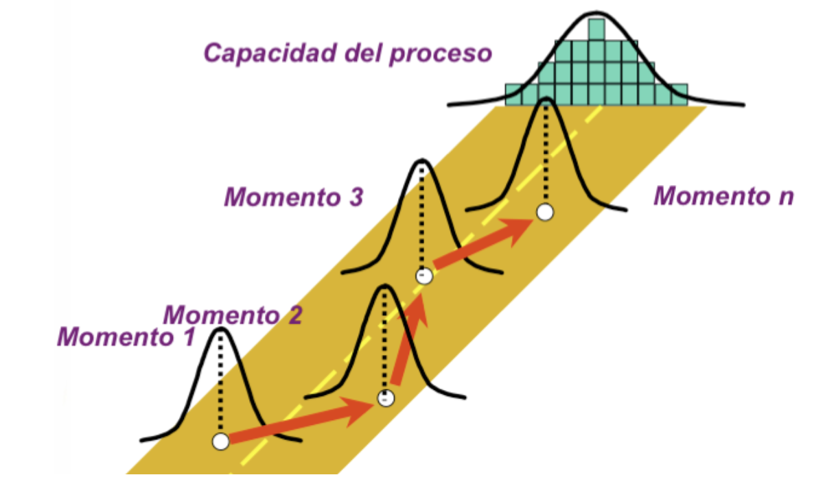 La varianza a corto plazo es la varianza en cada una de las curvas negras del camino naranja. La varianza a largo plazo es la acumulada a lo largo del tiempo, en el histograma verde al fondo.