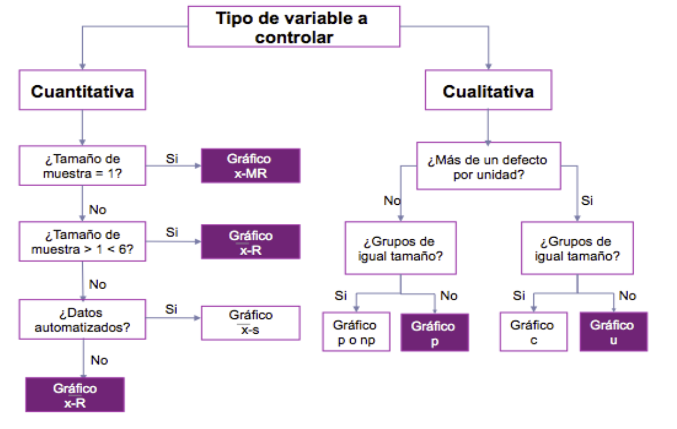 Tipos de gráficos de control en función de las características de los datos.