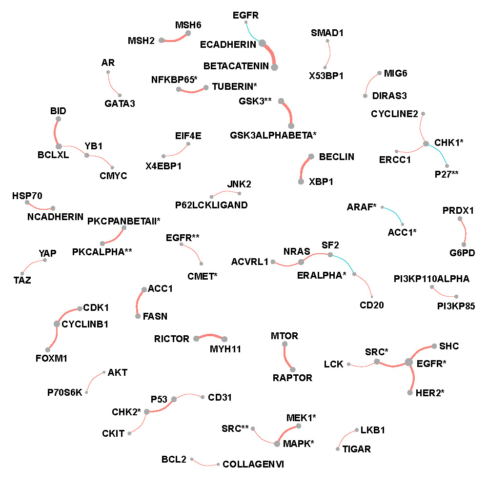 Network of selected protein pairs in Luminal A + B breast cancer patients.