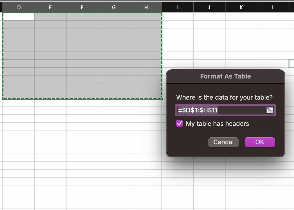 A screenshot showing the window for the command Format As Table command.