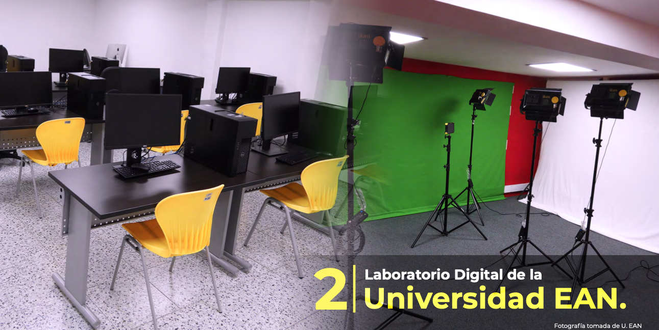 Laboratorio digital de la Universidad EAN - Escuela de Administración de Negocios <br> Fuente: Foto tomada el 21 de noviembre de 2022 de la página 44 del documento *Red de laboratorios digitales de Bogotá*, disponible en https://tic.bogota.gov.co/documentos/red-laboratorios-digitales-bogotá