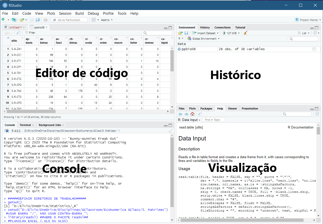 Interface típica do RStudio e nome dos paineis ou janelas.