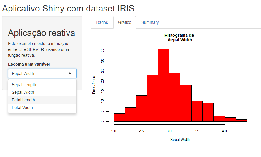 Aplicação Shiny com uso da função **reactive()**.