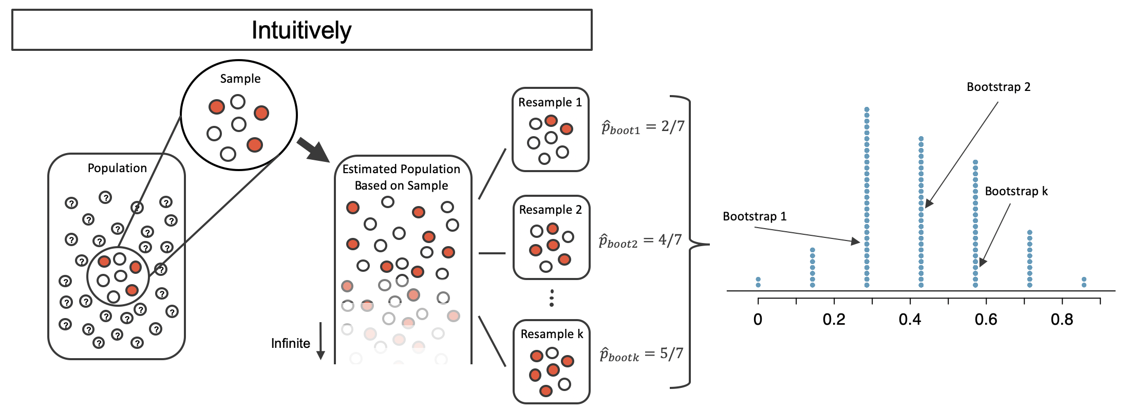 The same unknown large population with a sample of 3 red and 4 white marbles; the proxy population which is infinite with 3/7 red marbles; and the k Resamples of size 7 are shown. From each of the resamples the bootstrapped proportion of red is calculated (shown as 2/7, 4/7, and 5/7). Many many resamples are taken and summarized in a dotplot of the bootstrapped proportions. The proportions range from 0/7 to 7/7 in a bell shape with the majority of bootstrapped proportions falling between 1/7 and 6/7.