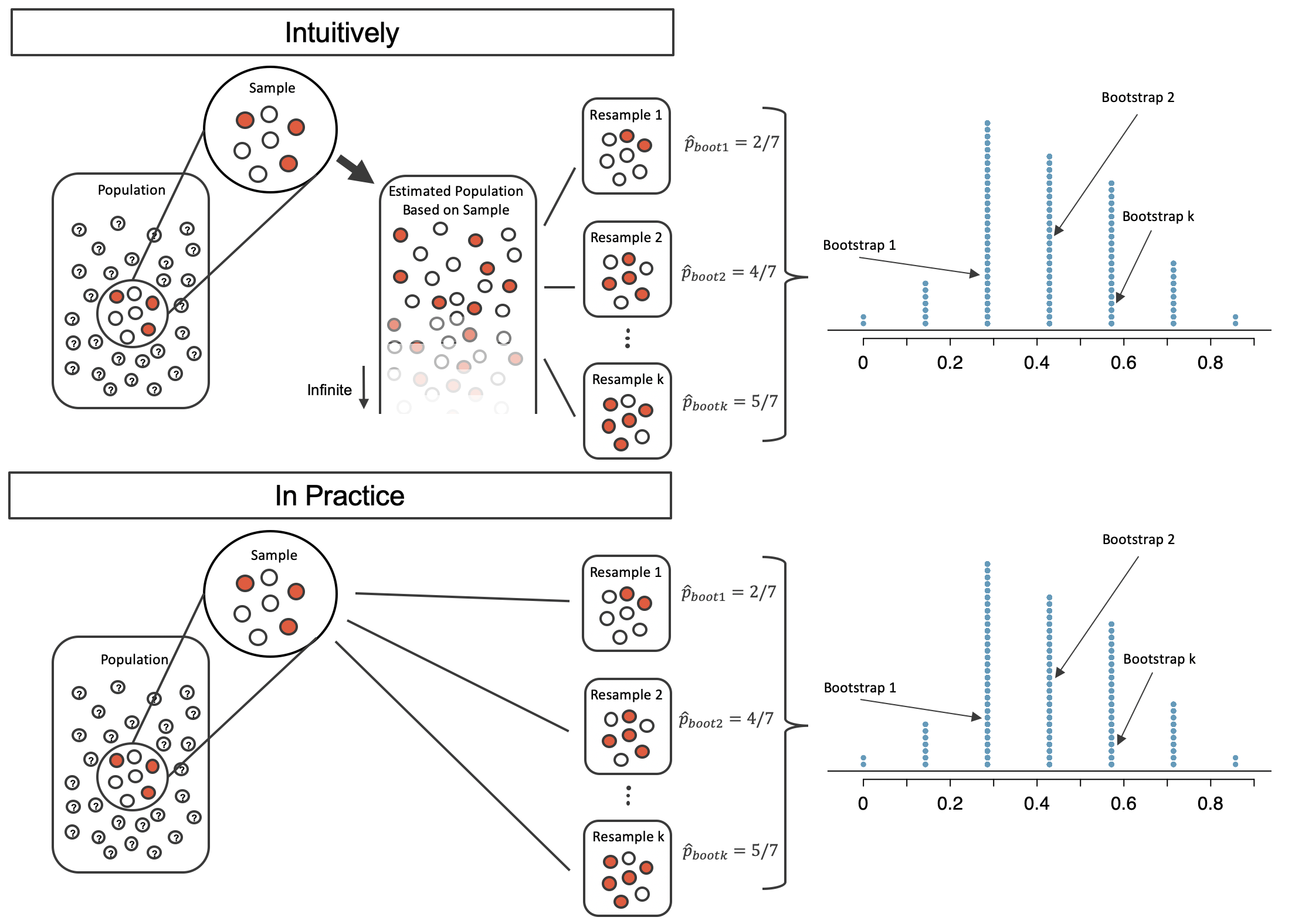 Top image includes the steps of (1) a large unknown population, (2) observed sample of size 7 (with 3 red and 4 white), (3) creation of an infinitely large proxy population, and (4) three resamples. (5) Many resamples are considered with a dotplot of bootstrapped proportions. The bottom image follows the same process without the infinitely large proxy population. That is, in the bottom image a (1) single sample is taken from the original population and (2) the three resamples are taken directly from the observed data (using sampling with replacement). (3) Again, many resamples are considered with a dotplot of bootstrapped proportions.