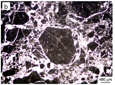 In (a) coarse and angular grains are in contact with one another (embryonic cataclastic fabric). Small grains forming a fine matrix are almost absent. Note the network of extensional fractures. In (b) coarse grains start to be rounded and surrounded by a fine matrix (intermediate cataclastic fabric). In (c) coarse grains are rare and rarely in contact with one another because an abundant fine matrix surrounds them (mature cataclastic fabric).