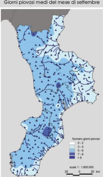 Distribuzione medie mensili delle aree più piovose, misurate negli anni dal 1921 al 2000. ArpaCal www.arpacal.it