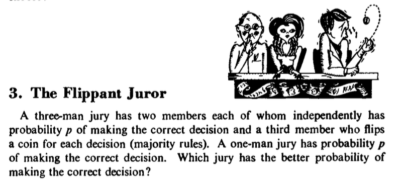 The flippant juror puzzle (i.e., Puzzle 3 by Mosteller, 1965).