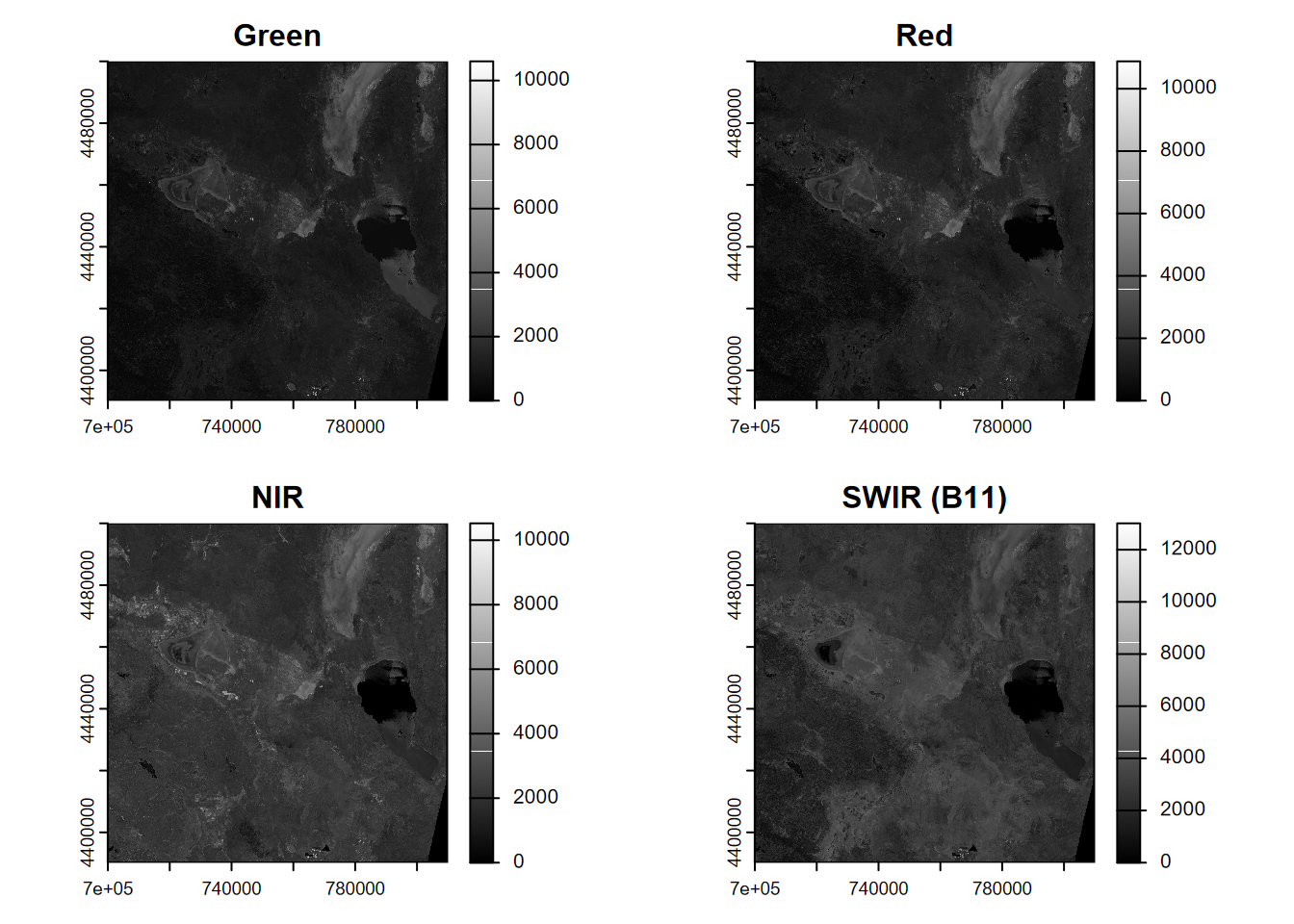 Four bands of a Sentinel-2 scene from 20210628.