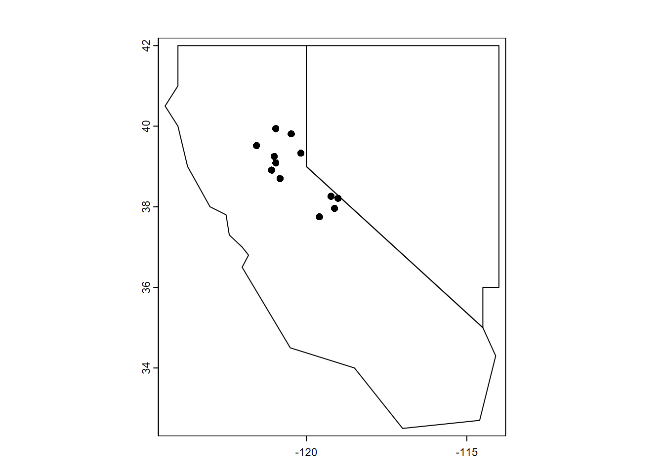 Base R plot of twostates and stations SpatVectors