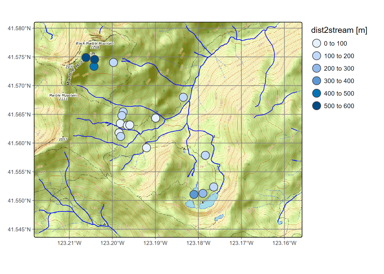 Distance from CO2 samples to closest streams (not including lakes)
