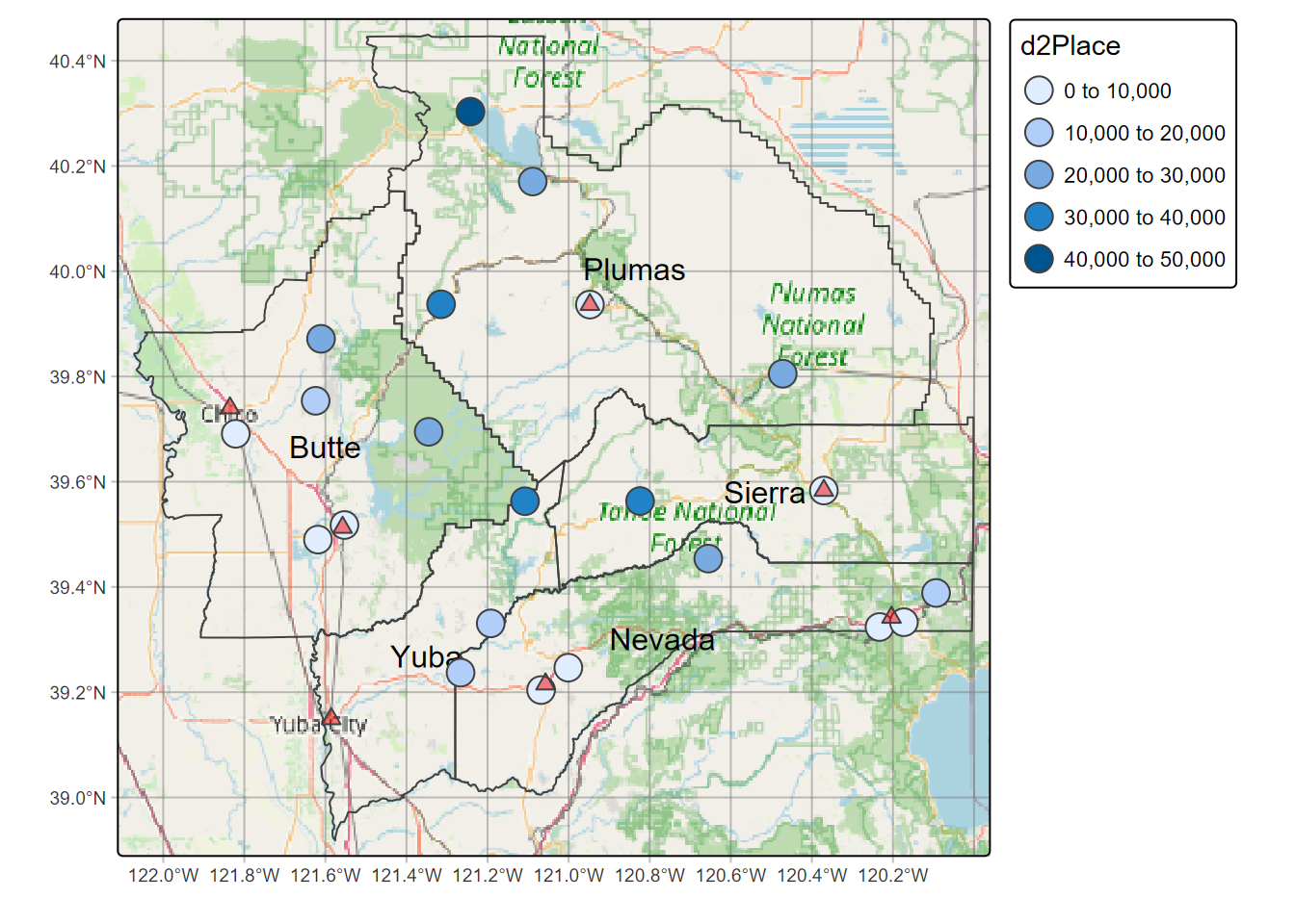 Distance to towns (places) from weather stations