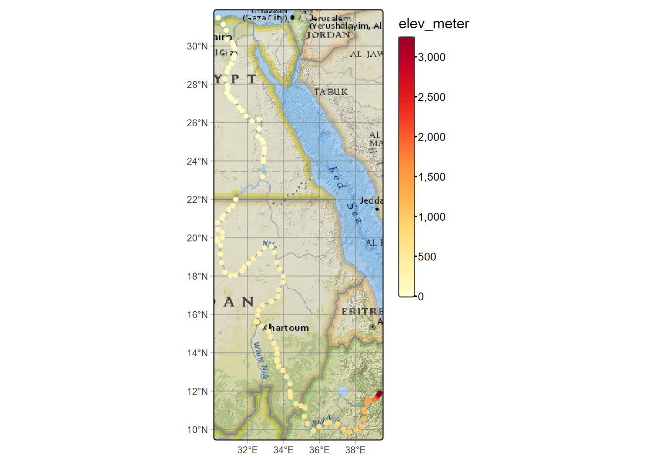 Nile River points, colored by channel slope