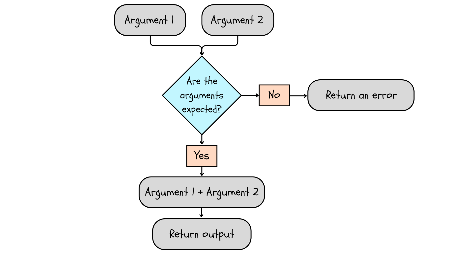 A function takes arguments, checks that the arguments are the type expected, performs a function on the arguments, and returns an output. If the arguments are inappropriate, it returns an error.