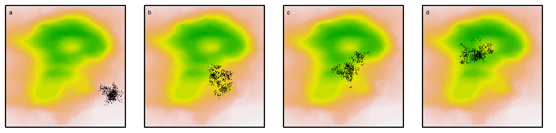 Inter-generational movement of members of a sessile species (e.g. a plant) progressing directionally through a combination of non-directional dispersal and demographic sorting. Suitable habitats are in shades of green, sub-optimal ones in yellow-to-brown. If we examine plant distributions over longer (multi-generational) time-scales, such that demographic selection is considered instantaneous, they display high mobility and dynamics. At these scales, patterns of selectivity may be reminiscent of animal redistribution.