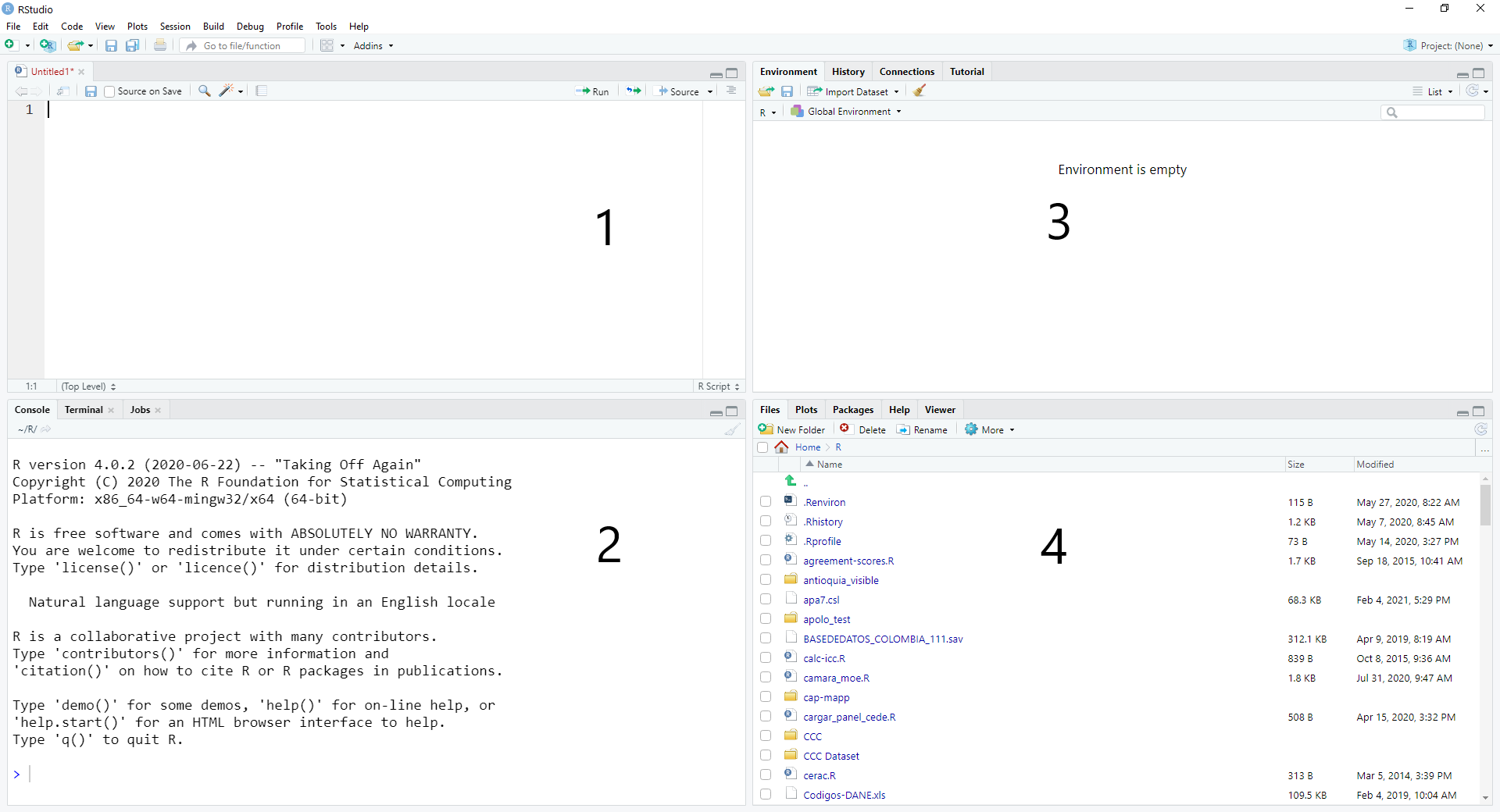 Organización de los paneles en una sesión de RStudio.