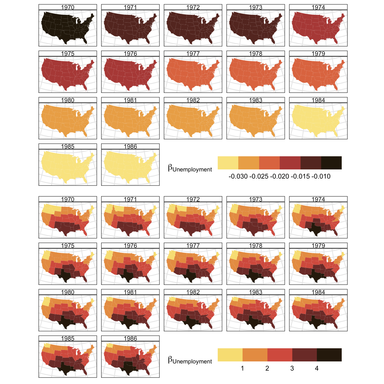 The spatial variation of coefficient estimatess for BMA Unemployment and Public captial over time, generated Bayesian Model Avaergaing approach.