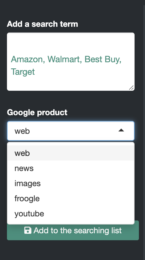 Google Products Input - Interface UI