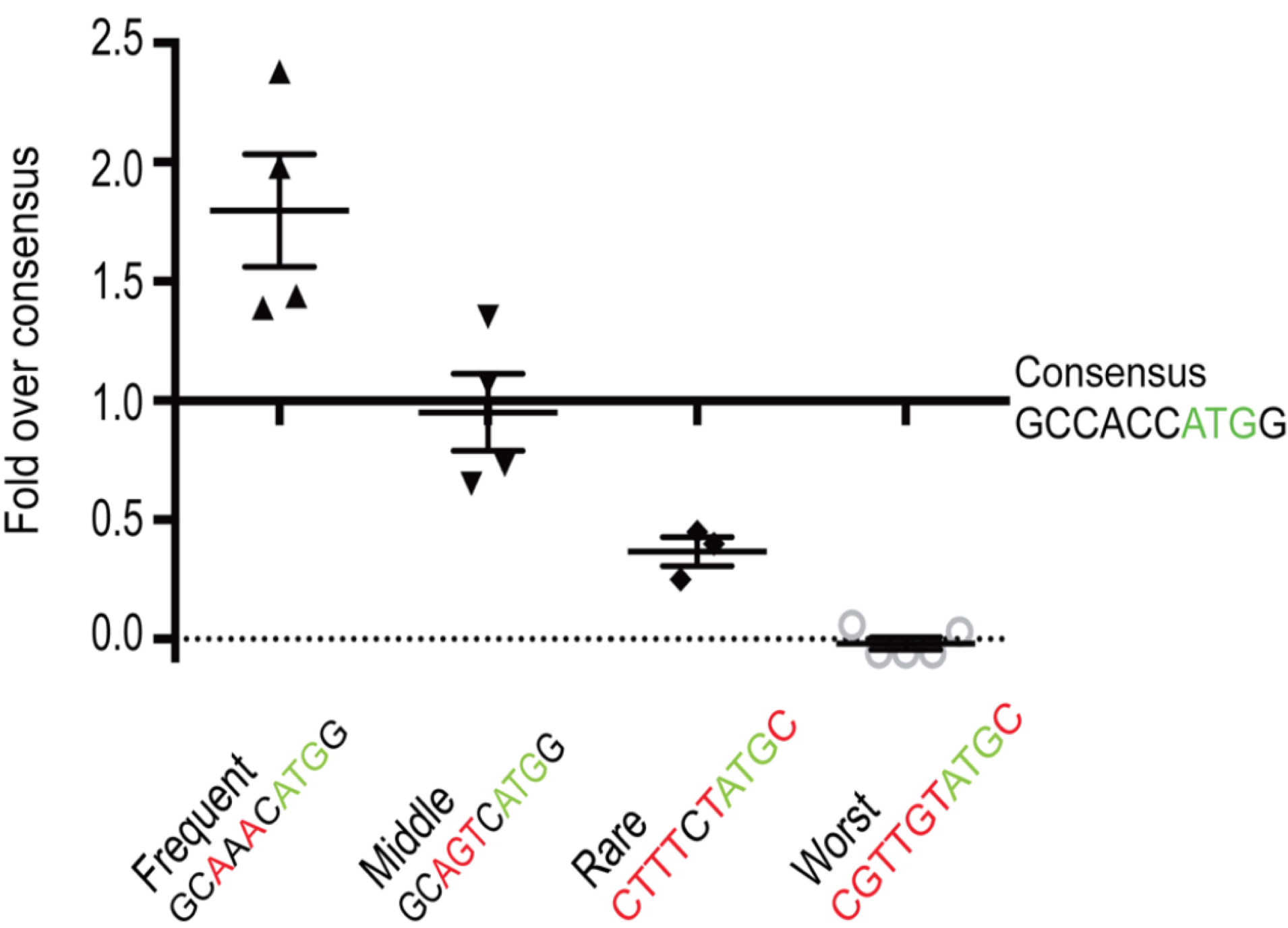 Figure taken from Grzegorski et al. 2014. The Y-axis represents expression levels of the experimental reporter gene divided by expression levels of the control reporter gene containing the canonical kozak consensus sequence
