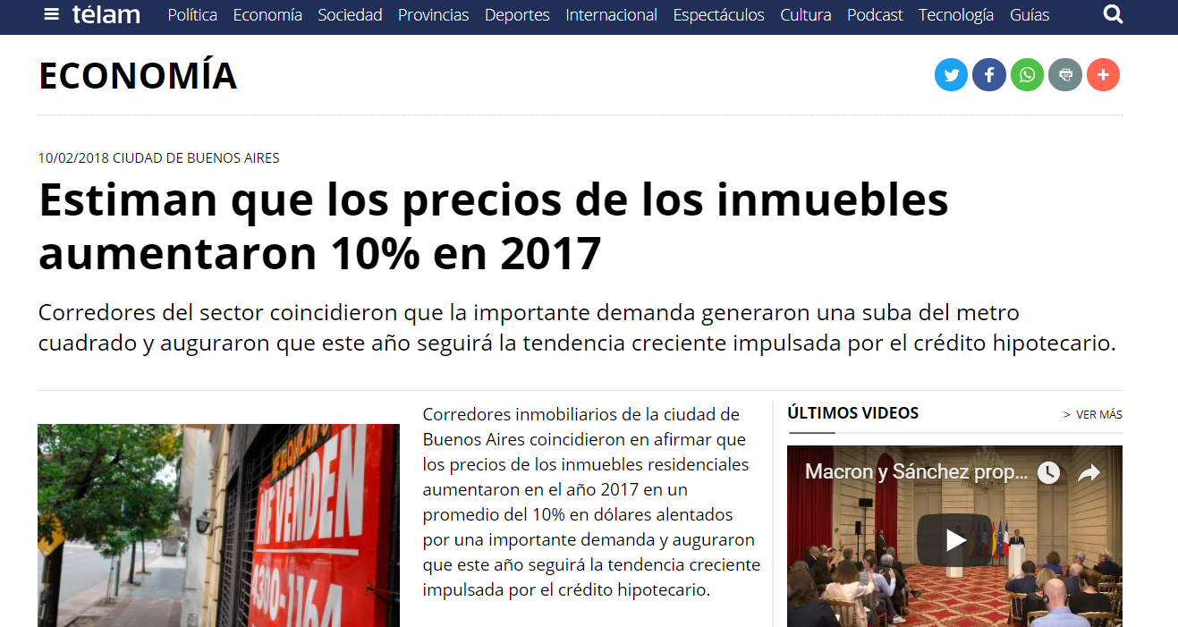 Nota de TELAM sobre el precio de los inmuebles en CABA durante 2017