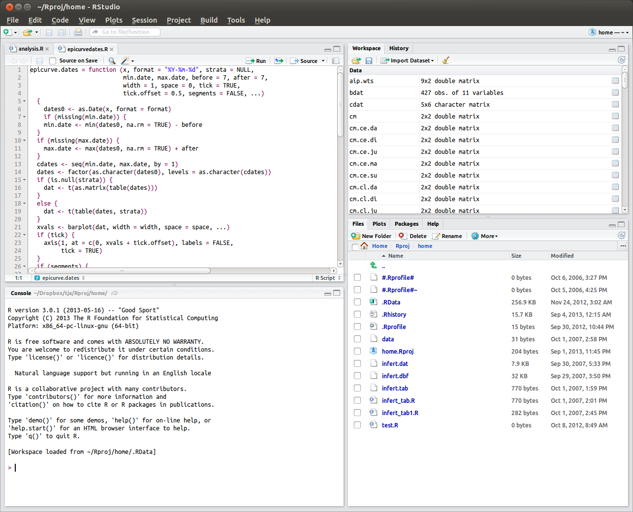 Screenshot of RStudio in Ubuntu Linux: Top left is for R script editor, or for viewing tabular data objects. Top right has tabs for workspace and history. Bottom right has tabs for files, plots, packages, or help. Bottom left is the console for typing R expressions for evaluation.