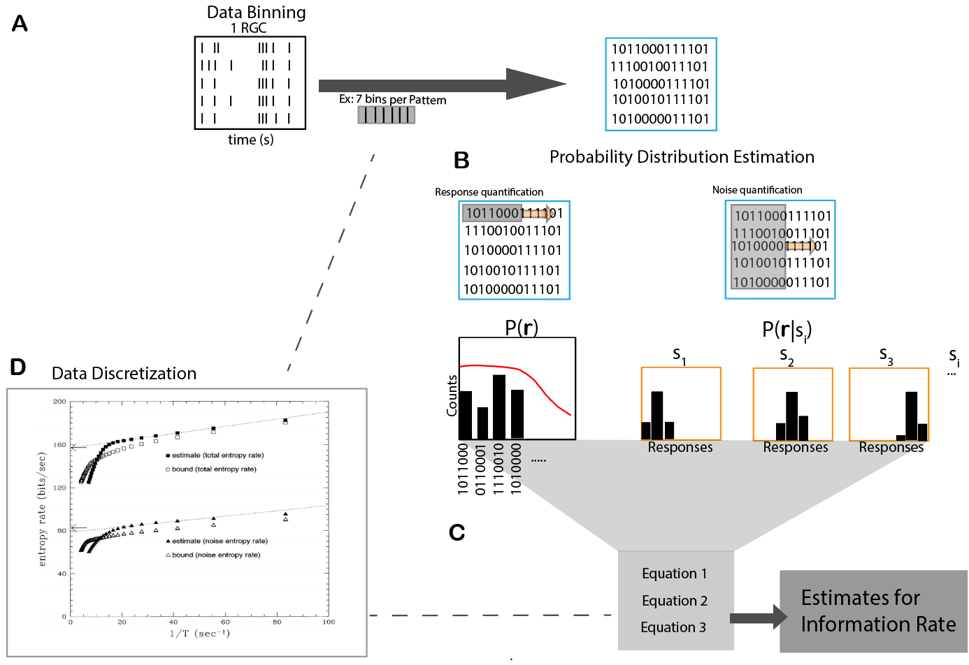 (A) Data binning step (B) Probability distribution quantification procedure. (C) Information rate computation (D) Recursive steps to determine appropriate binning (Adapted from (Strong, 1998))
