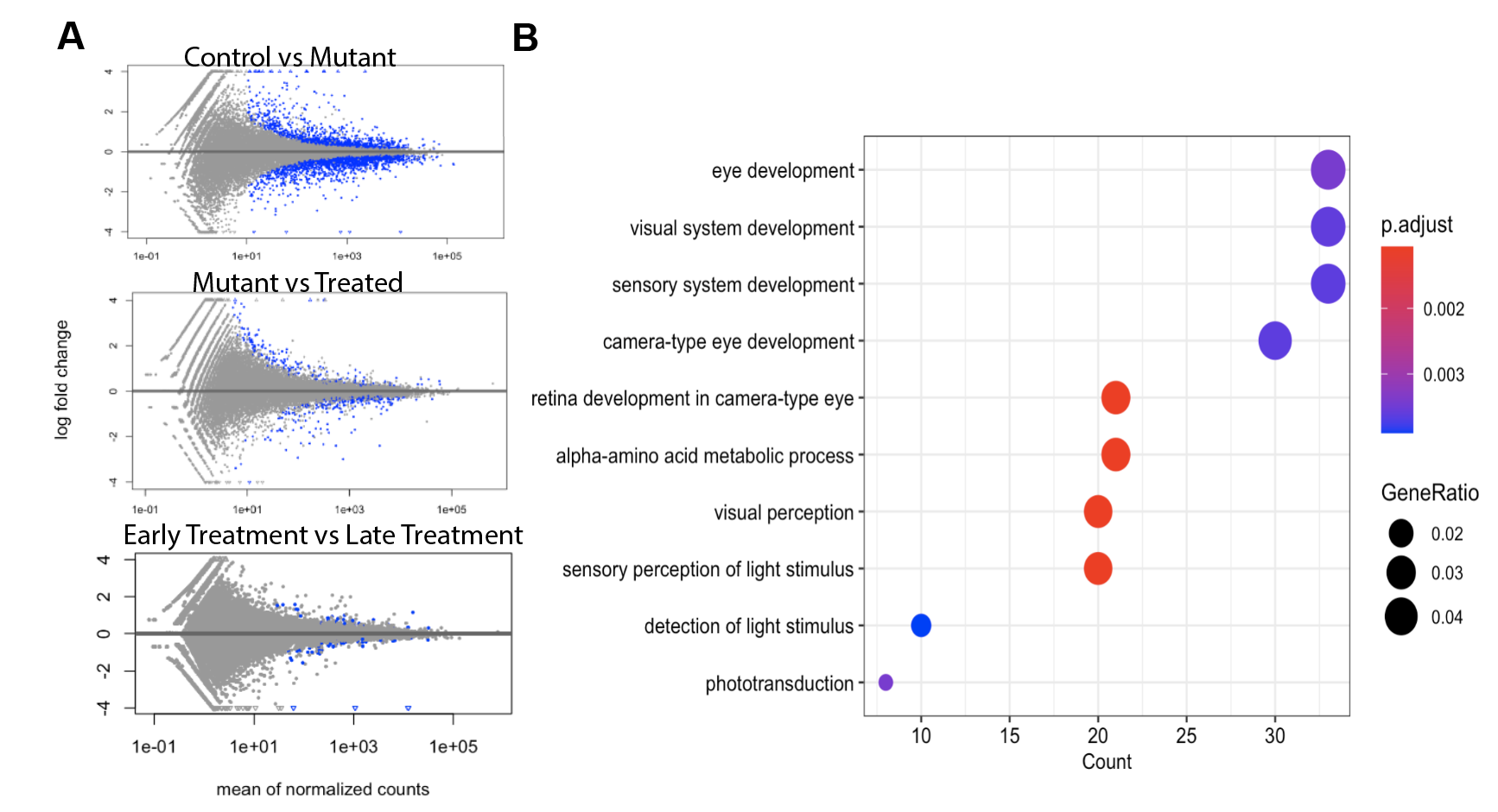 (A) Differential expressed genes (B) Ontology of differentially expressed genes from control vs mutant comparison