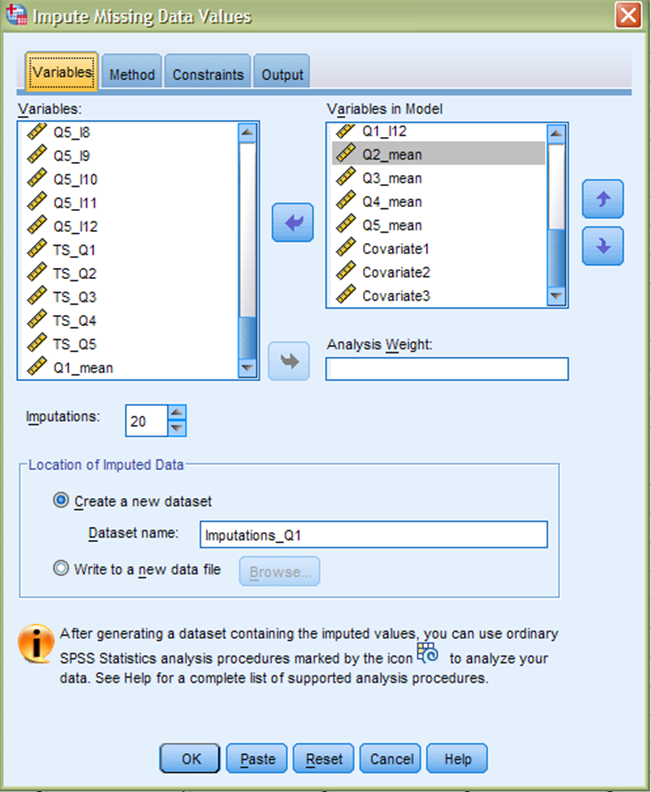 Settings to impute missing item scores of questionnaire 1 by parcel summary imputation.