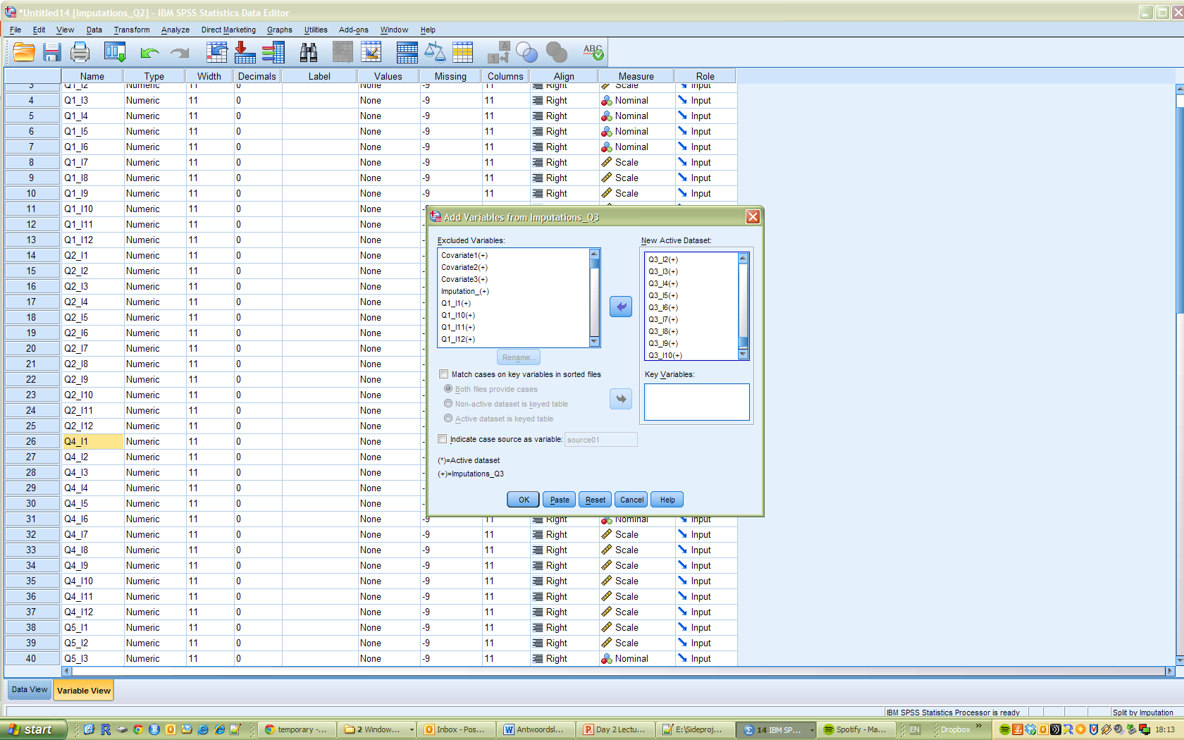 Merge the imputed item scores from questionnaire 3 with the final imputed dataset using the merge function in SPSS