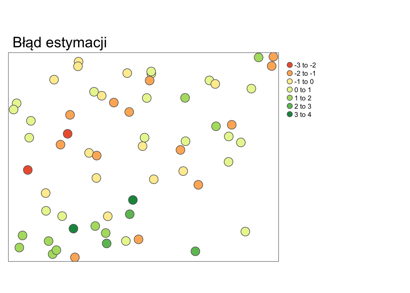Mapa przedstawiająca rozkład przestrzenny błędów estymacji uzyskanych używając krigingu prostego.