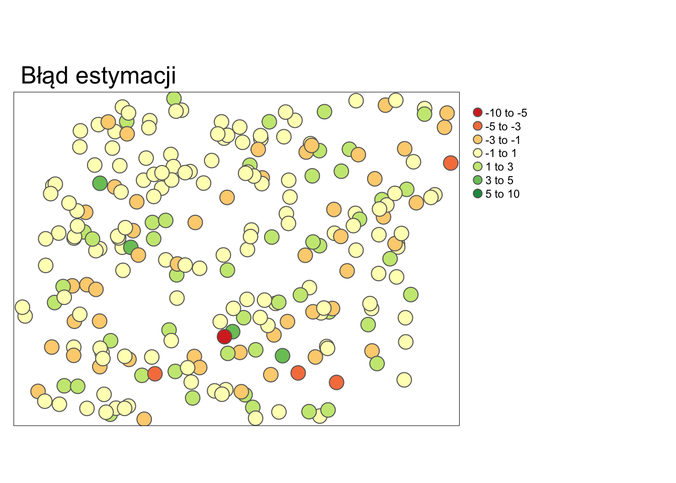 Mapa przedstawiająca rozkład przestrzenny błędów estymacji uzyskanych używając krigingu prostego i kroswalidacji.