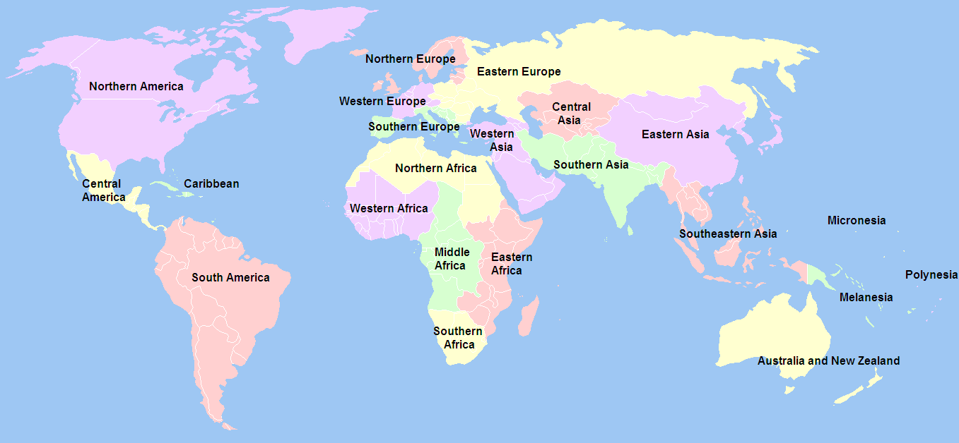 M49 Geoscheme developed and maintained by the United NationsStatistics Divisions (UNSD).(<a href="http://creativecommons.org/licenses/by-sa/3.0/" title="Creative Commons Attribution-Share Alike 3.0">CCBY-SA 3.0</a>,<a href="https://commons.wikimedia.org/w/index.php?curid=497598">WikimediaCommons</a>)