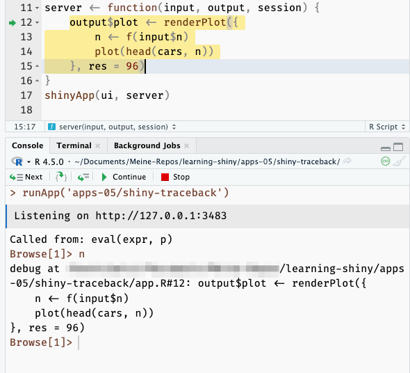 RStudio's debugging scenario: Waiting at the breakpoint, involing thedebugger