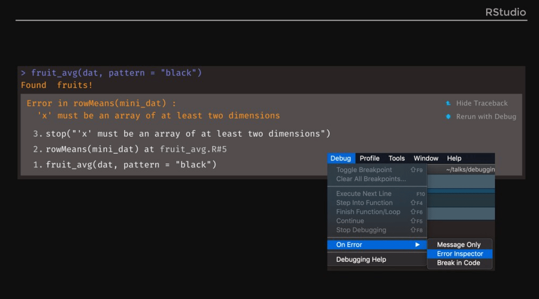 RStudio debugging feature: Slide from Jenny Brian's videotalk