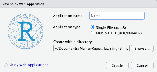 Window for creating a new shiny app inside aproject