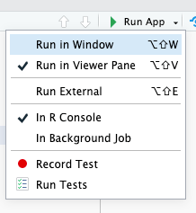 The run app button allows you to choose if the app runs in the consoleor as background job and how the running app will beshown