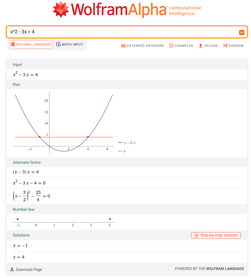 Solution of WolframAlpha for $x^2 - 3x = 4$ is plotting the graph and displays not only the solution {4; 1}, but also alternative forms of the equation formula 