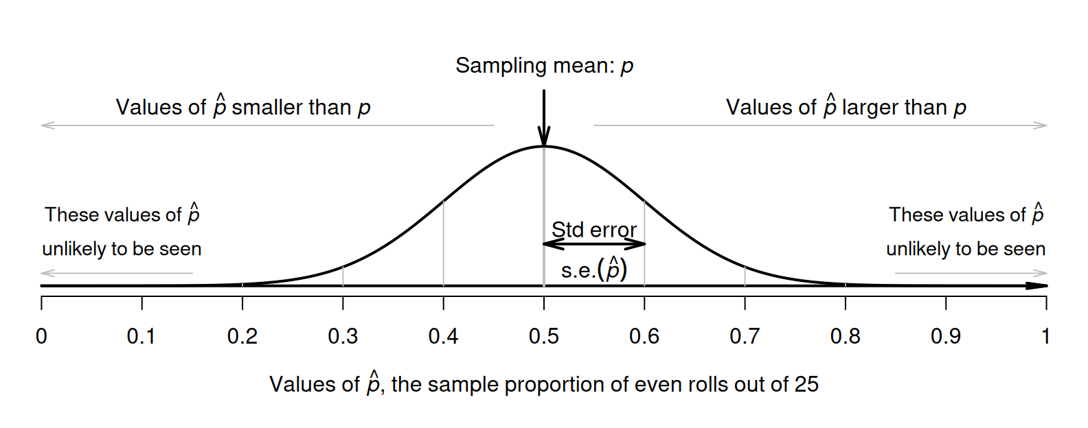 The sampling distribution is an approximate normal distribution; it shows a model of how the proportion of even rolls varies when a die is rolled $25$ times.