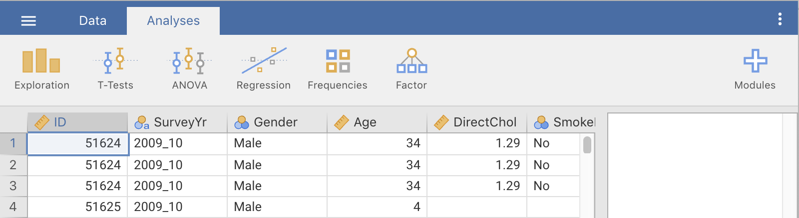 jamovi: The variable names at the top of the columns of data
