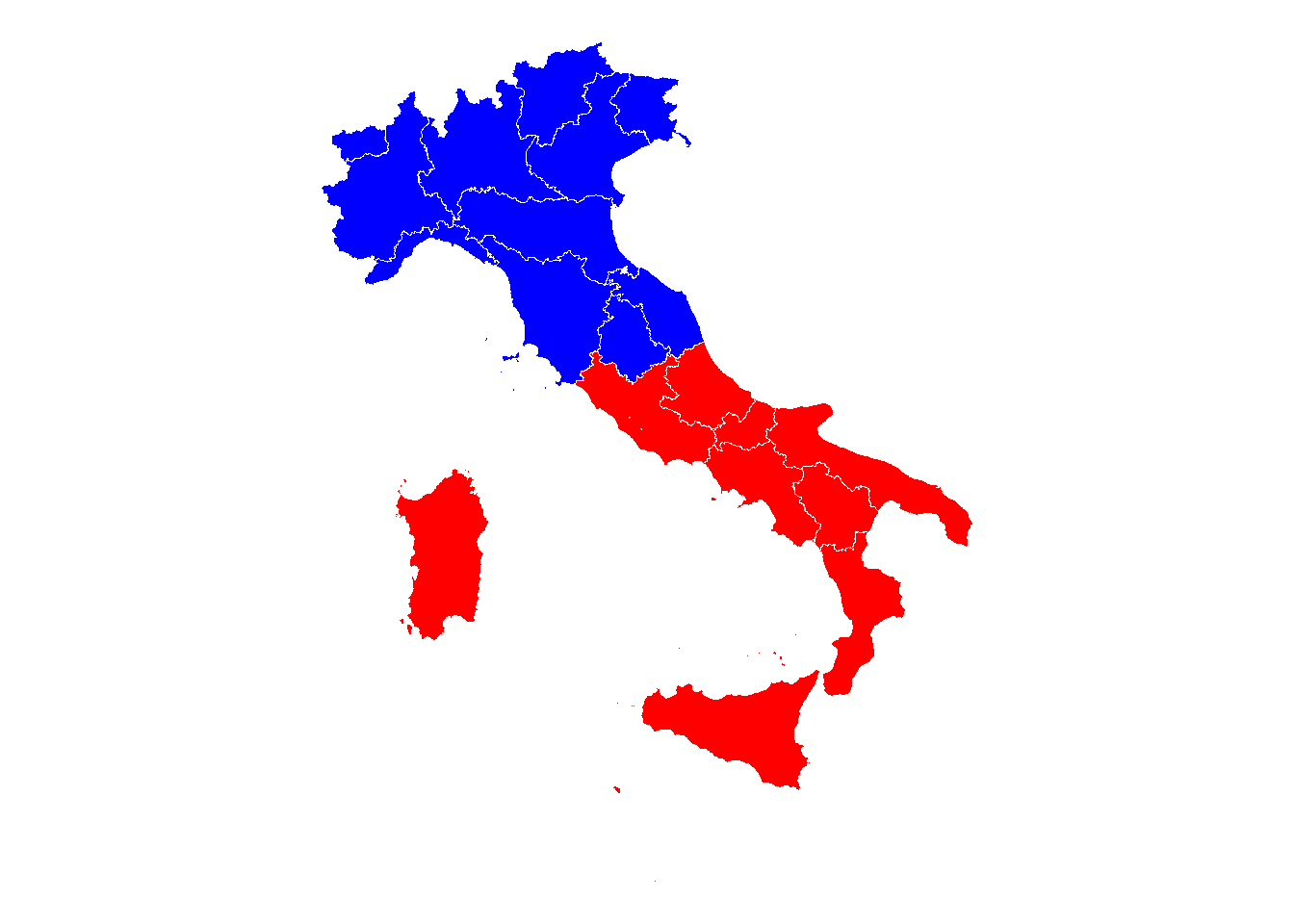 **Choroplet map by region.** *Each region is colored based on the istitutional form which prevailed. Such a map shows clearly the divide between North and South. In all soutehrn regions Monarchy won, while in all northern ones Republic prevailed.*