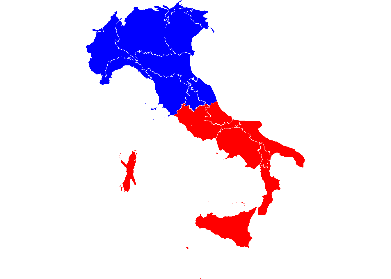**Cartogram map by region.** *Here the size of each region reflects the number of eligible voters. It highlights that regions, such as Sardinia, contributed less to the final result because of the few number of voters. Other regions like Lombardia are insted bigger in the cartogram.*
