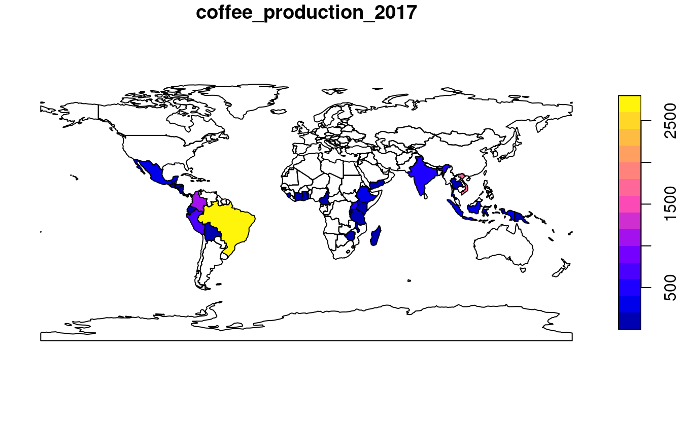 World coffee production (thousand 60-kg bags) by country, 2017. Source: International Coffee Organization.