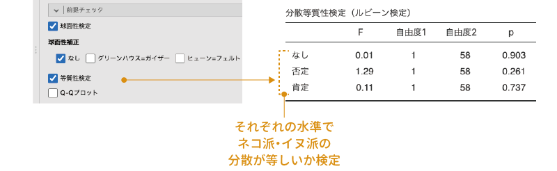 分散の等質性検定の結果