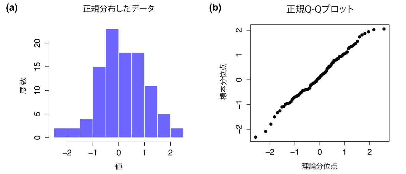 ヒストグラム(a)と正規Q-Qプロット(b)。<span class="rtext">normal.data</span>データは100個の観測値を持つ正規分布の標本。このデータについてのシャピロ・ウィルク統計量は\(W = .99\)であり,正規分布からの有意な逸脱は検出されなかった(\(p = .73\))。