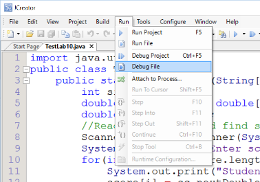 ภาพที่ 5-7 เมนู Run และเมนูย่อย Debug File