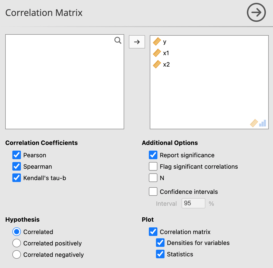หน้าต่างการการหาค่า correlation matrix